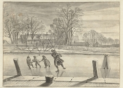 Winterlandschap met vier schaatsers by Abraham Rutgers