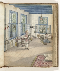 Woonkamer met zoon Jantje en spinnende slavin Flora by Jan Brandes