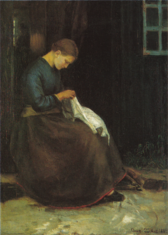 Young woman with her needle-work at the door of a house by Anna Ancher