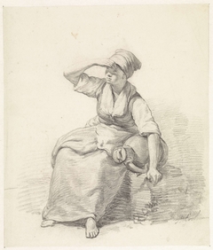 Zittende vrouw met melkbus by Unknown Artist