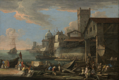 A Caprice View with a Shipyard by Luca Carlevarijs