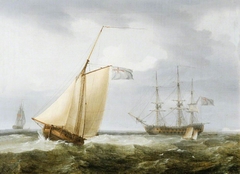 A Fishing Boat with a Warship at Anchor off Dover by Thomas Whitcombe