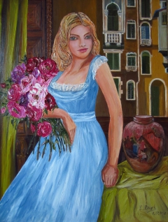 A Girl with Roses and Italian Court Yard by Elena Roush