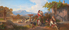 A peasant family by a fountain in an Italian landscape by Penry Williams