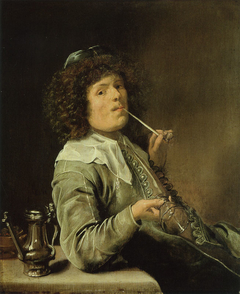 A smoking man with an empty wine glass by Jan Miense Molenaer