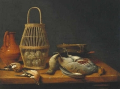 Basket of eggs among dead birds and kitchen utensils by Hubert van Ravesteyn