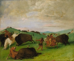 Buffalo Chase, Bulls Making Battle with Men and Horses by George Catlin