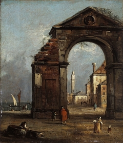 Caprice, avec arc triomphal en ruine et paysage du bord de la lagune by Francesco Guardi