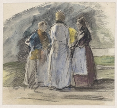 Drie staande vrouwen in gesprek by Johan Antonie de Jonge