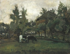 Farmyard sketch with two cows grazing by Piet Mondrian