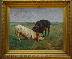 Fight between two young bulls by Alfred Verwee