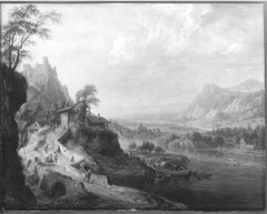 Flusslandschaft mit Mühle und Brücke by Christian Georg Schütz