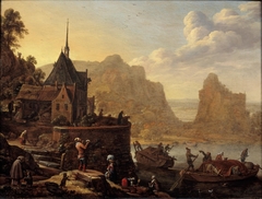 Gefantaseerd rivierlandschap met de kapel van het Sint Agnietenklooster te Utrecht by Herman Saftleven