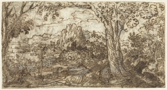 Gezicht over een berglandschap by Unknown Artist