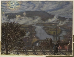 Gezicht vanaf terras op rivierlandschap bij nacht by William Holman Hunt