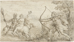 Hercules richt zijn boog op de centaur Nessus die Deïanira ontvoert by Crispijn van de Passe I