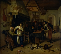 Interior of an inn with an old man amusing himself with the landlady and two men playing backgammon, known as 'Two kinds of games' by Jan Havicksz. Steen