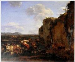 Italianate Landscape with Stubborn Donkey by Nicolaes Pieterszoon Berchem