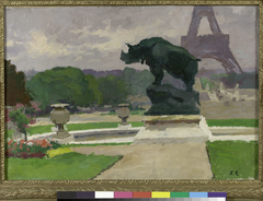 Jardin du Trocadéro avec le Rhinocéros de Jacquemart by Jules Ernest Renoux