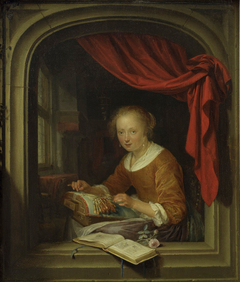 Jeune femme à sa dentelle by Gerrit Dou