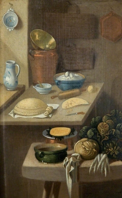 Kitchen Still Life with Pastry and Vegetables by E K Lautter