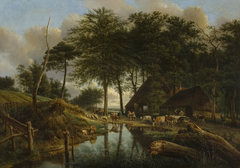 Koeien en schapen aan een drinkplaats bij een boerderij by Joseph August Knip