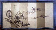 Landscape after Mi Fei (recto), Bamboo and Sparrows (verso) by Okada Hanko