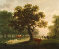 Landscape with Cattle, Sheep and Distant Figure by Herbert Pugh