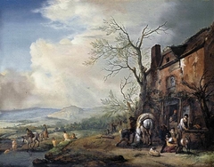 Landscape with peasants by an inn, a pack-horse being fed and bathers by a stream beyond by Philips Wouwerman