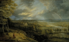 Landscape with rainbow, shepherds and sheep by Lucas van Uden