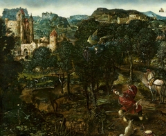 Landscape with Saint Hubertus by Herri met de Bles