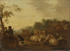 Landscape with sheperd, sheperdess and cattle by Willem Ossenbeeck