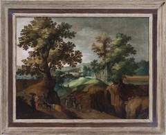 Landschap met dorp en figuren op de voorgrond by Anoniem