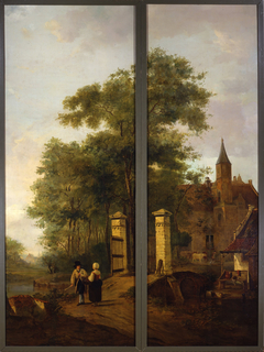 Landschap met toegangshek en twee figuren by Jacob van Strij