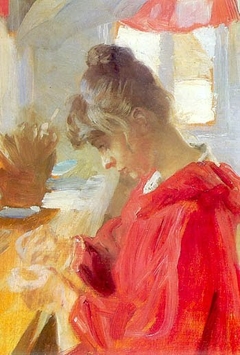 Marie sits at a table sewing by Peder Severin Krøyer