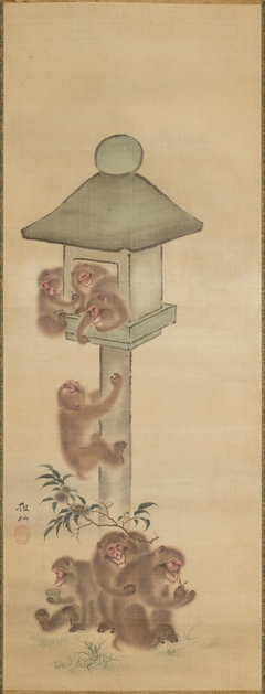 Monkeys Playing on a Stone Lantern by Mori Sosen