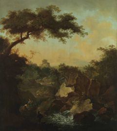 Mountain landscape with  between rock walls by Ferdinand Kobell