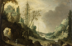 Mountainous landscape with a river by Claes Dirksz van der Heck