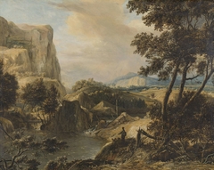 Mountainous landscape with fisherman by Roelant Roghman