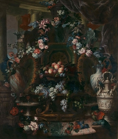 Nature morte aux pièces d’orfèvrerie, plats de raisin et de pêches, guirlandes et fleurs by Antoine Monnoyer