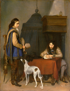 Officer Writing a Letter, with a Trumpeter and a Dog by Gerard ter Borch