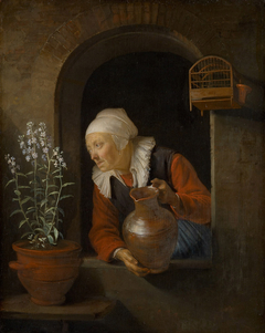 Old Woman Watering Flowers by Gerrit Dou