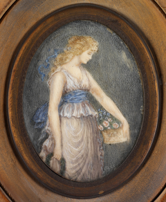 Oval Portrait Miniature of Woman with Basket of Flowers by Anonymous