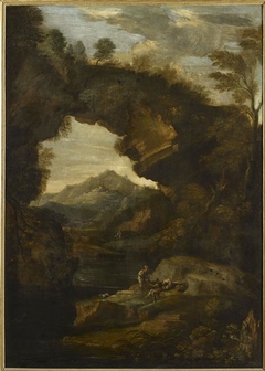 Paysage avec un rocher formant arcade et trois figures by Anonymous