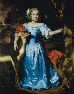 Portrait of a girl as Granida, in a blue silk dress with two deer by Nicolaes Maes