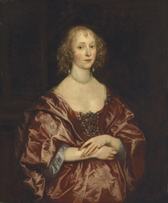 Portrait of a lady, half-length, in a red dress embroidered with pearls and diamonds by Anthony van Dyck