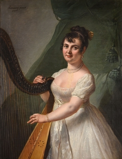 Portrait of Anne Rose Debas, Mme Delaroche, playing the harp by Johann Julius Heinsius