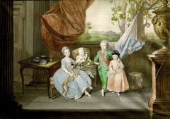 Prinz Ludwig von Parma (1773-1803) mit seinen drei ältesten Geschwistern Karoline (1770-1804), Marie Antonie (1774-1841) und Charlotte (1777-1813) by Johann Zoffany