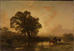 Riverside landscape at sunset by Charles Hoguet