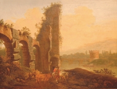 Rivierlandschap met ruïne by Josua de Grave